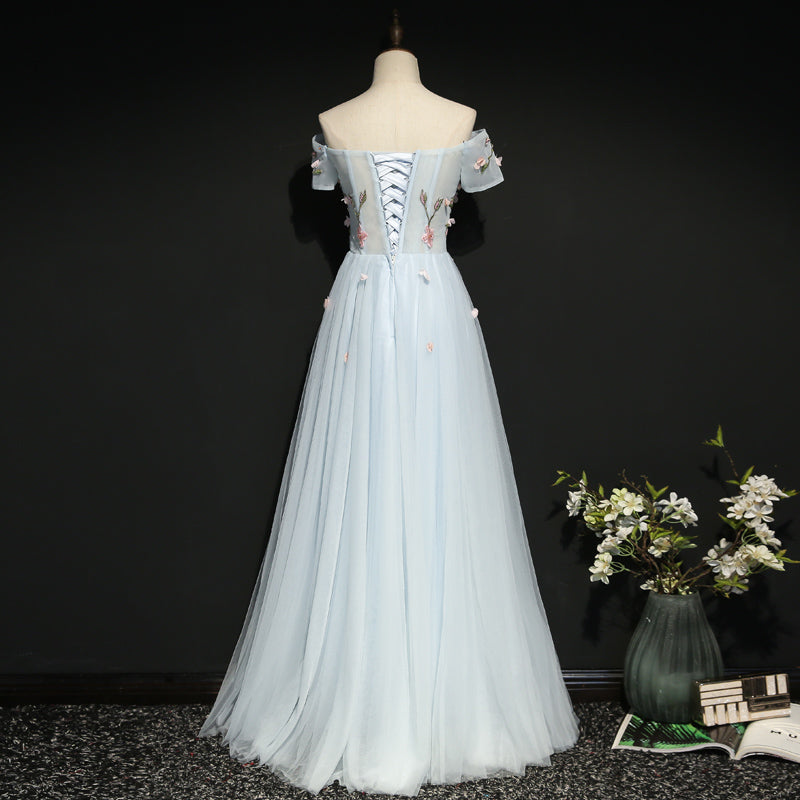Light Blue Off Shoulder A-line Flower Party Dress, New Prom Dress