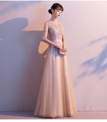 Lovely Short Sleeves Lace and Tulle Long Bridesmaid Dress, A-line Prom Dress