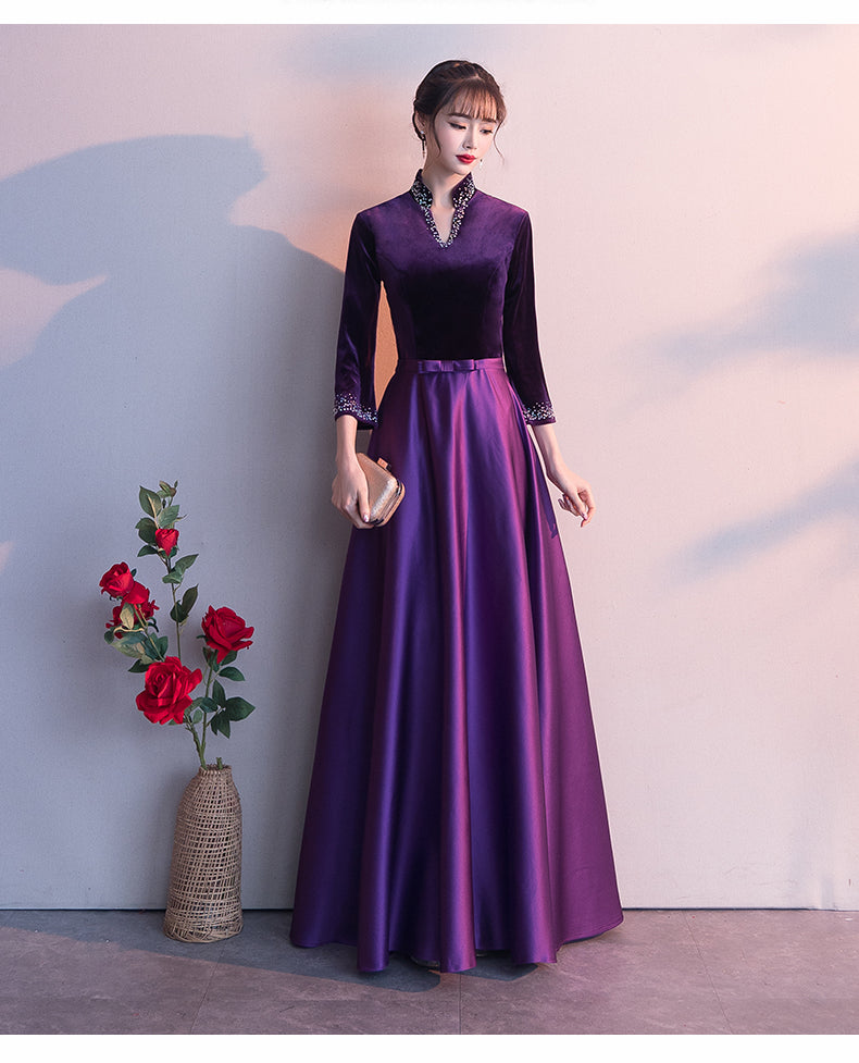 Dark Purple Satin Long Sleeves Beaded Velvet Bridesmaid Dress, Purple Cutedressy Dark Purple Satin Long Sleeves Beaded Velvet Bridesmaid Dress, Purple Cutedressy