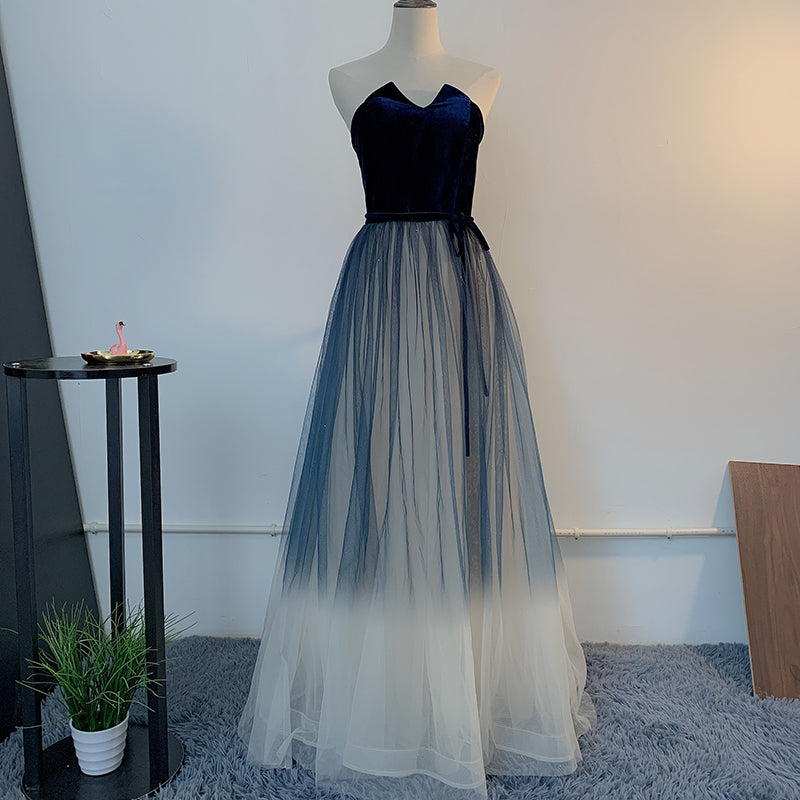 Unique Navy Blue Gradient Tulle with Velvet Top Prom Dress, Tulle Long Party Dress Formal Dress