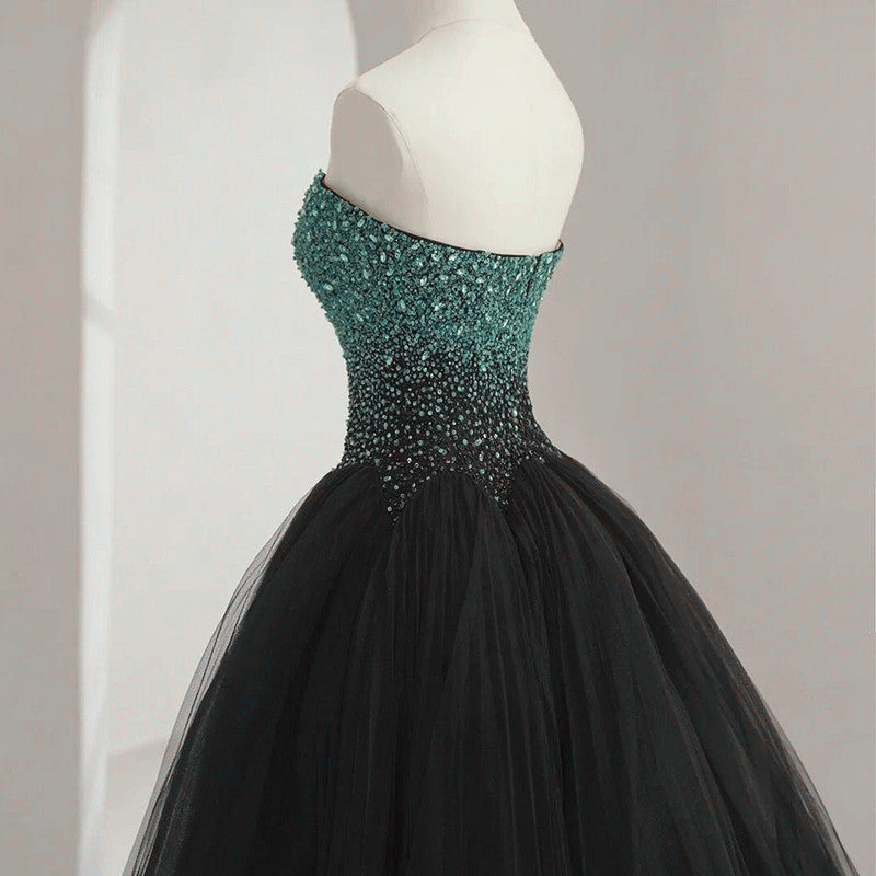 Black Tulle Sweetheart Beaded Long Evening Gown, Black A-line Prom Dresses