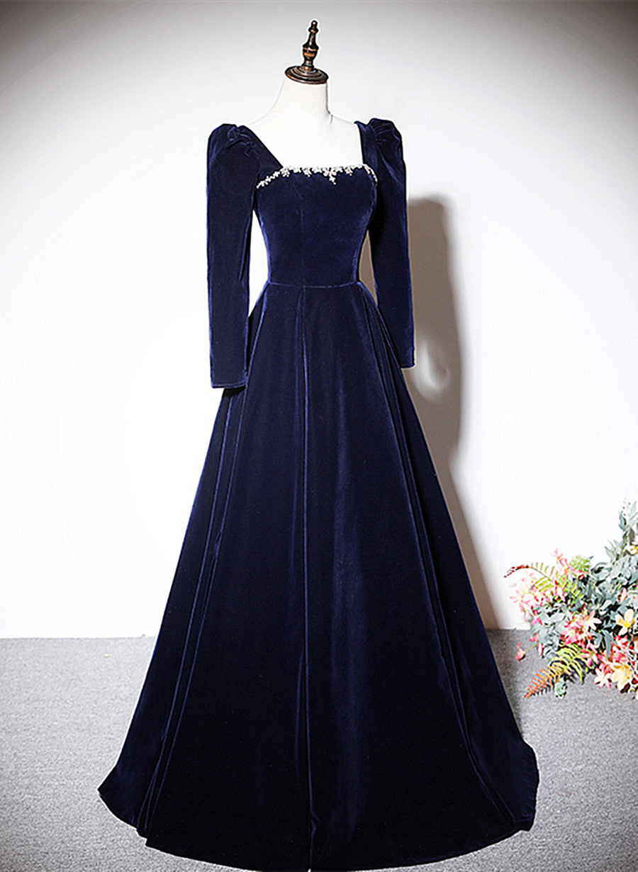 long sleeve navy blue dress formal Navy High Neck Long Sleeves Chiffon A-Line Long Mother of the Bride Dress with Lace