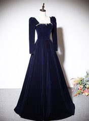 Navy Blue Velvet Long Sleeves Beaded Formal Dress, Blue A-line Prom Dress