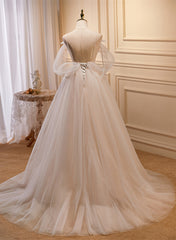 Light Champagne Tulle Long Formal Dress with Bow, Elegant Tulle Prom Dress