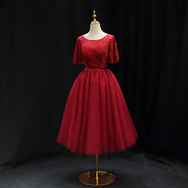 Red Lace Top Short Sleeves Tulle Tea Length Party Dress, Red Wedding Party Dress