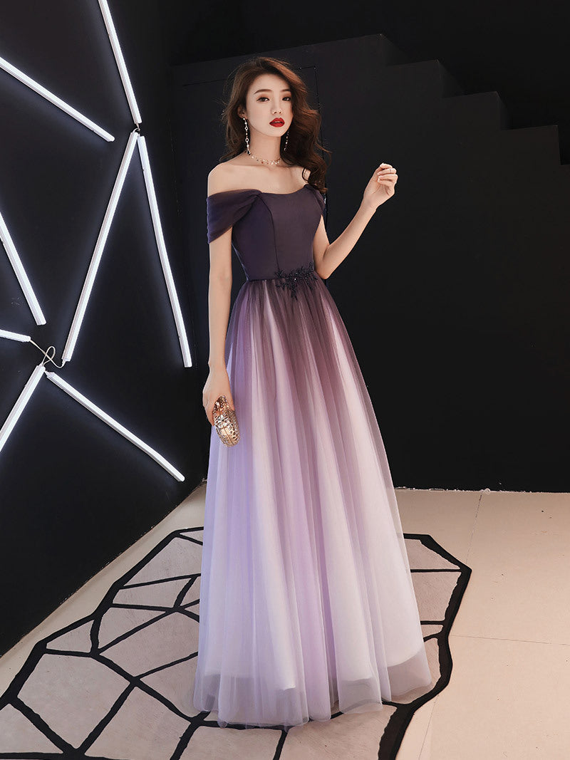 Beautiful Light Purple Gradient Tulle Long Formal Dress, Off Shoulder Prom Dress