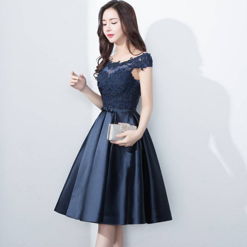 Beautiful Navy Blue Satin and Lace Knee Length Homecoming Dress, Short Prom Dress Beautiful Navy Blue Satin and Lace Knee Length Homecoming Dress, Short Prom Dress
