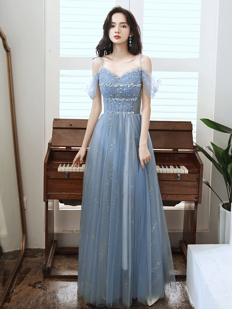 Blue Tulle A-line Party Dress with Beadings, Blue Long Prom Dress