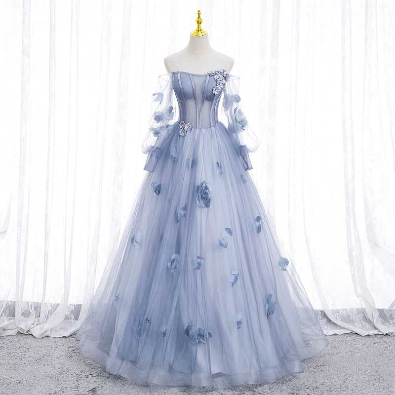 Light Blue Tulle Long Sleeves with Flowers, Blue Junior Prom Dresses Cutedressy Light Blue Tulle Long Sleeves with Flowers, Blue Junior Prom Dresses Cutedressy