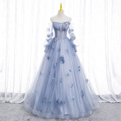 Light Blue Tulle Long Sleeves with Flowers, Blue Junior Prom Dresses