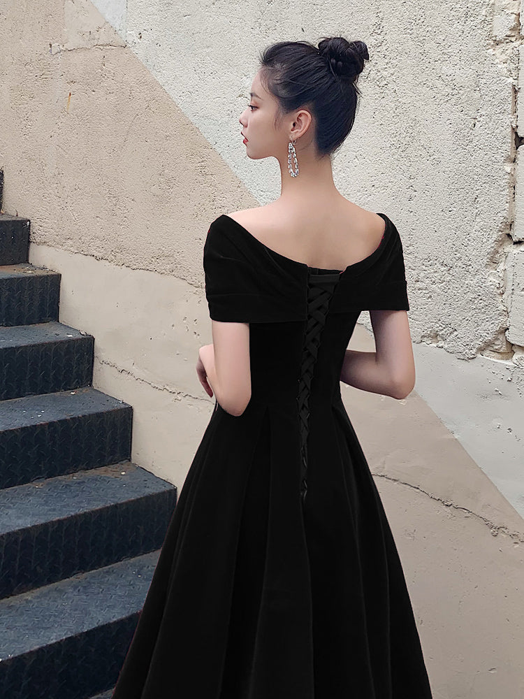 Black Velvet Elegant Lace-up Prom Dress, Black Off Shoulder Prom Dress Black Velvet Elegant Lace-up Prom Dress, Black Off Shoulder Prom Dress