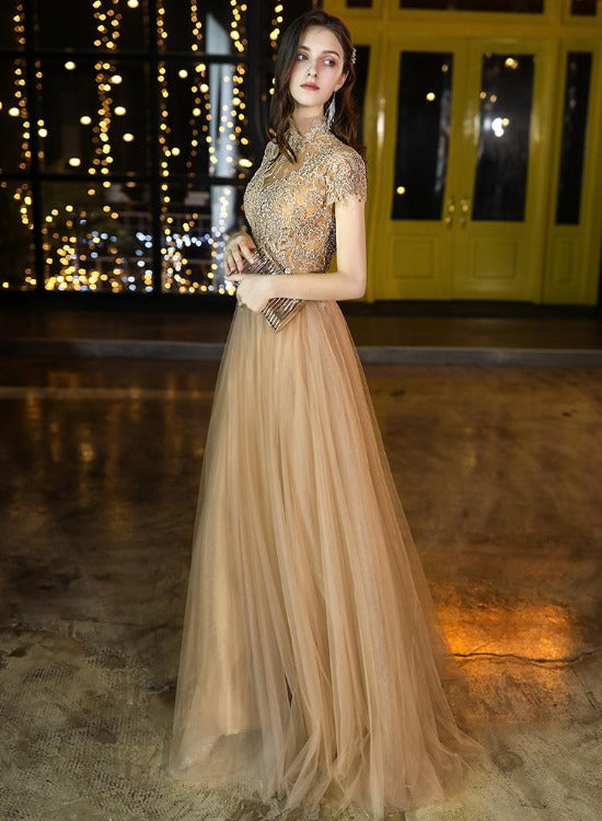 Champagne High Neckline Tulle with Lace Long Party Dresses, A-line Champagne Formal Dress