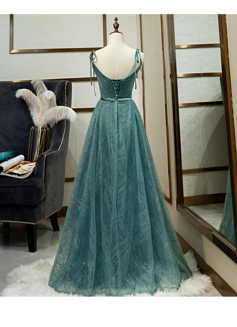 Green Tulle Long Prom Dress, New V-neckline Straps Long Party Dress 2020