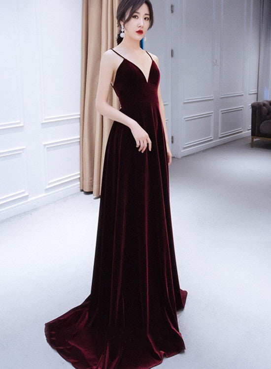 Beautiful V-neckline Straps Wine Red Velvet Prom Dress, Long Party Dress