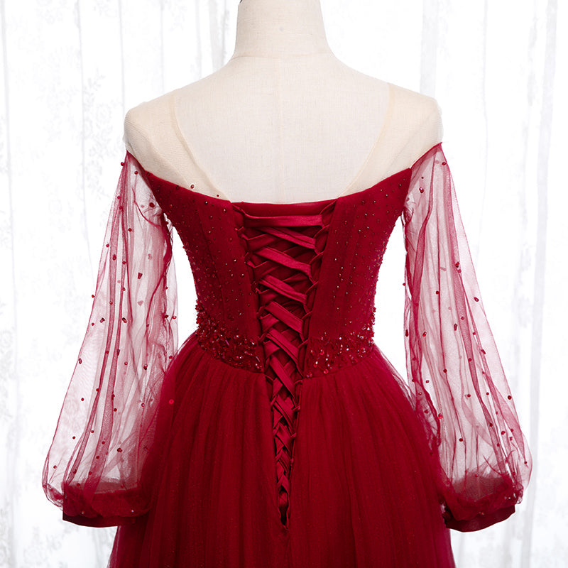 Wine Red Long Sleeves Round Neckline Beaded Party Dress, Wine Red Long Prom Dress