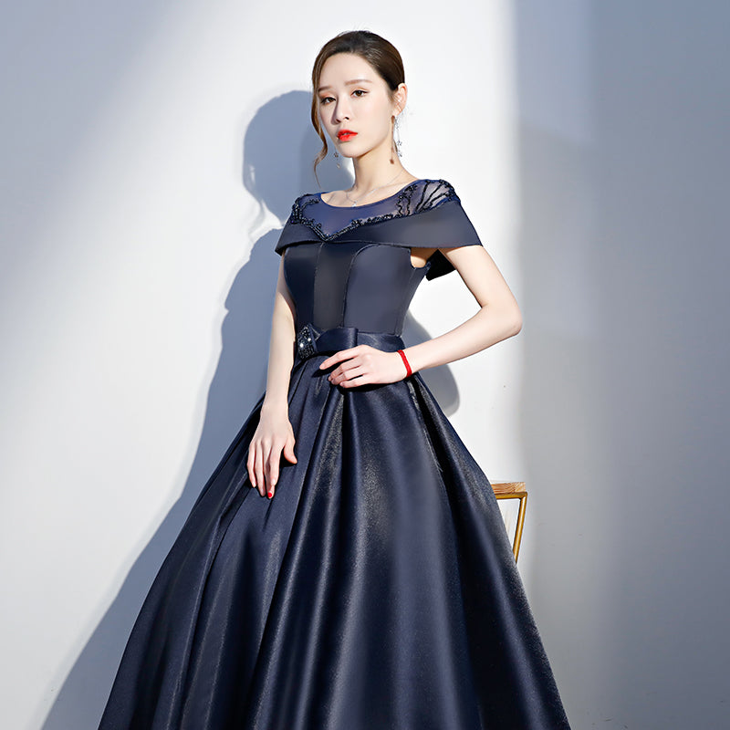 cap sleeve prom dresses Navy Blue Satin Beaded New Style Long Party Dress, Blue Cap Sleeves Pr – Cutedressy