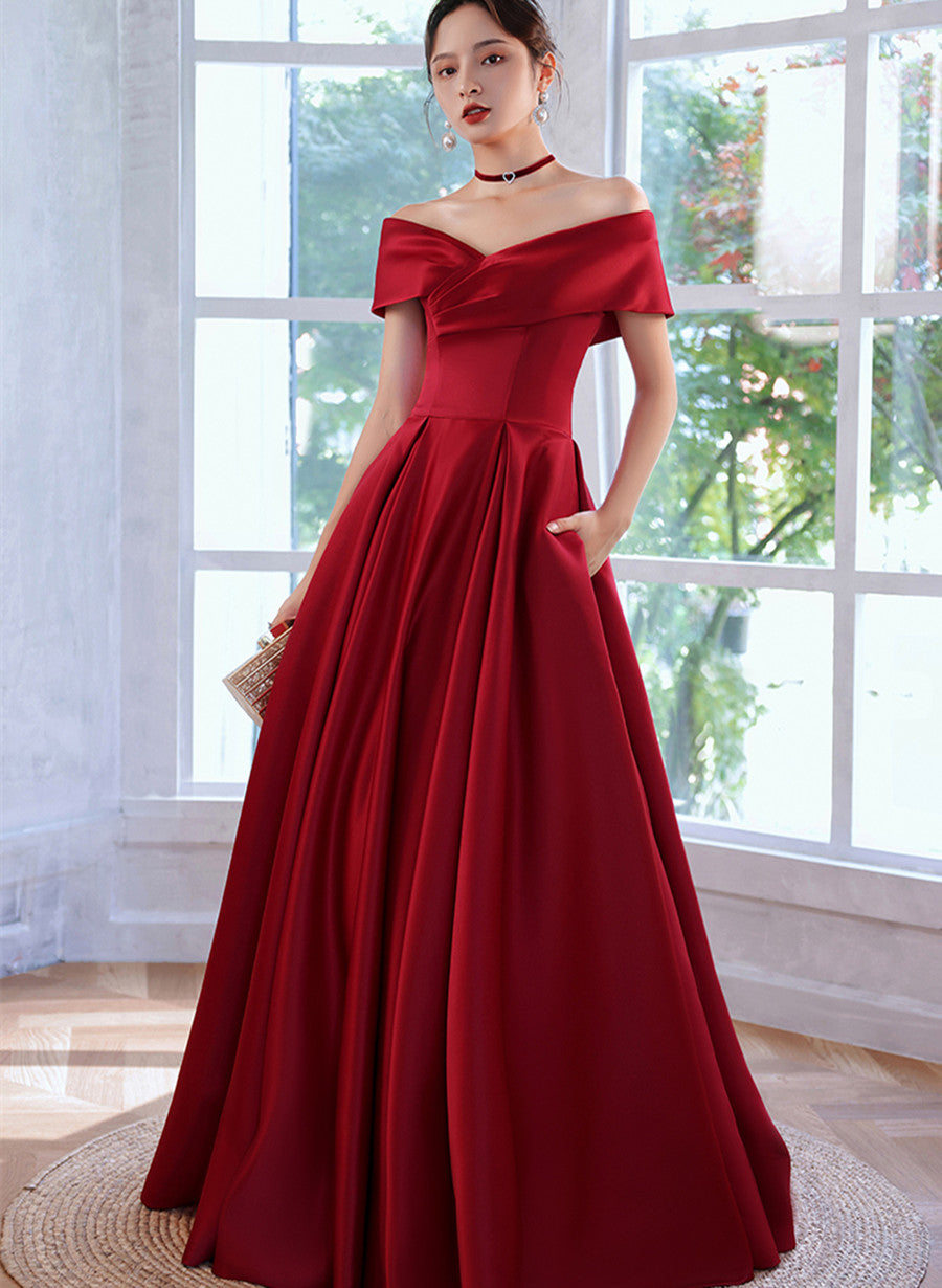 Red Satin Off Shoulder A-line Floor Length Prom Dress, Red Evening Dress