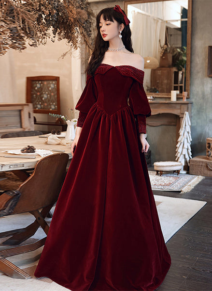 Wine Red Velvet Long Sleeves Beaded Party Dress, Sweetheart Long Prom – Cutedressy