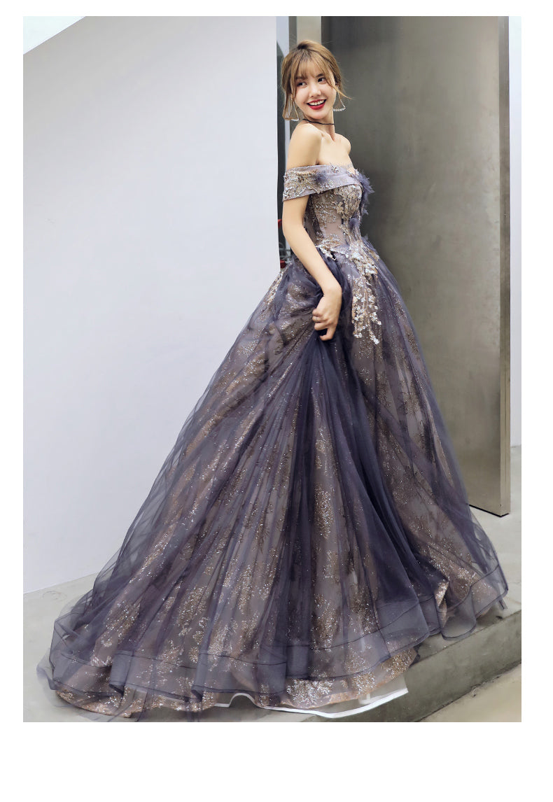 Purple Tulle Sweetheart with Flowers Long Formal Gown, A-line Off Shoulder Party Dress