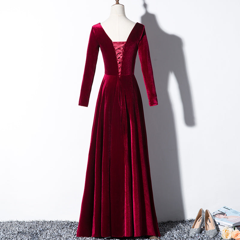Beautiful Wine Red Velvet Long Sleeves Party Dress, Long Prom Dress Cutedressy Beautiful Wine Red Velvet Long Sleeves Party Dress, Long Prom Dress Cutedressy