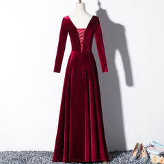 Beautiful Wine Red Velvet Long Sleeves Party Dress, Long Prom Dress