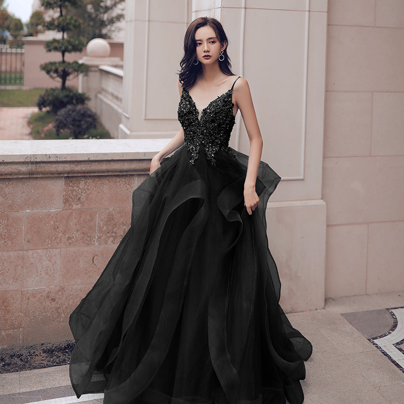 Black Tulle V-neckline Lace Applique Straps Layers Skirt Long Prom Dress, A-line Black Formal Dress Black Tulle V-neckline Lace Applique Straps Layers Skirt Long Prom Dress, A-line Black Formal Dress