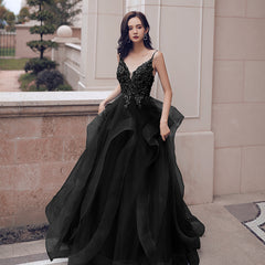 Black Tulle V-neckline Lace Applique Straps Layers Skirt Long Prom Dress, A-line Black Formal Dress