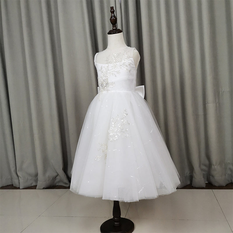 Cute White Tulle with Lace Applique Flower Girl Dress, Wedding Party Dress