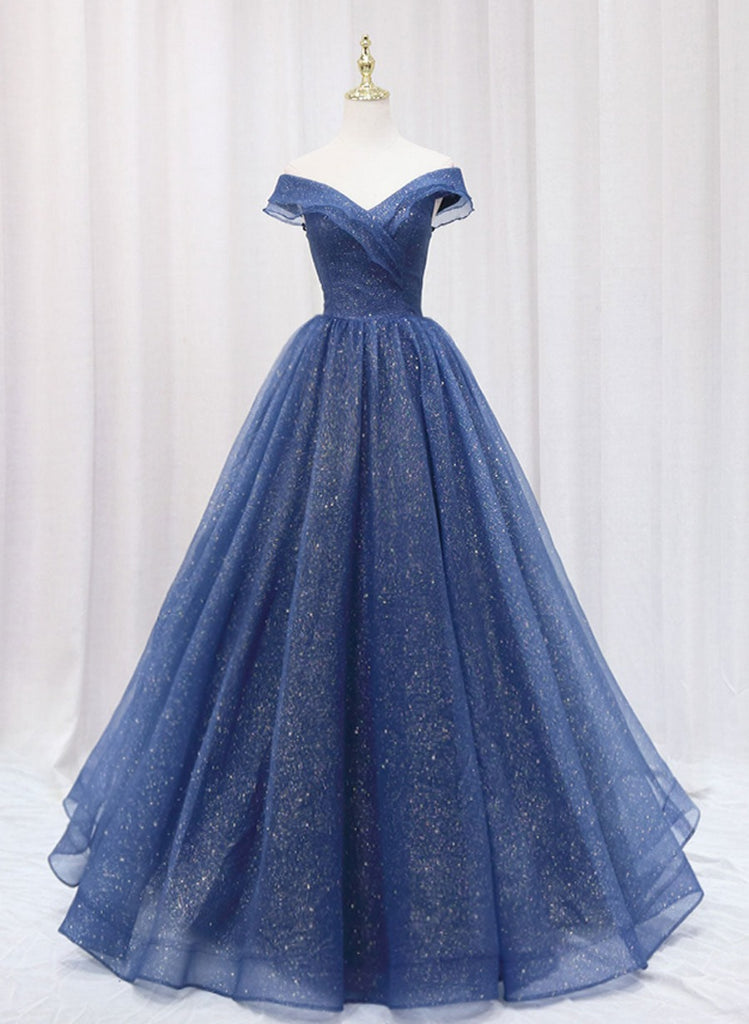 Blue Off Shoulder Sweetheart Long Party Dress, A-line Blue Formal Dres ...