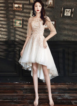 Light Champagne Lace Applique Short Sleeves High Low Party Dress, Short Homecoming Dresses