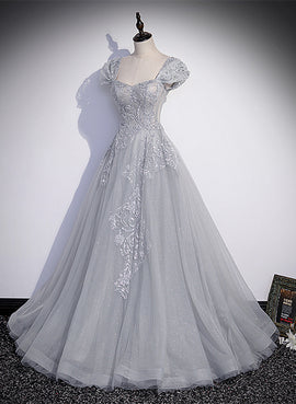 Grey Sweetheart Cap Sleeves Long Party Dress, Grey Long Tulle with Lace Prom Dress