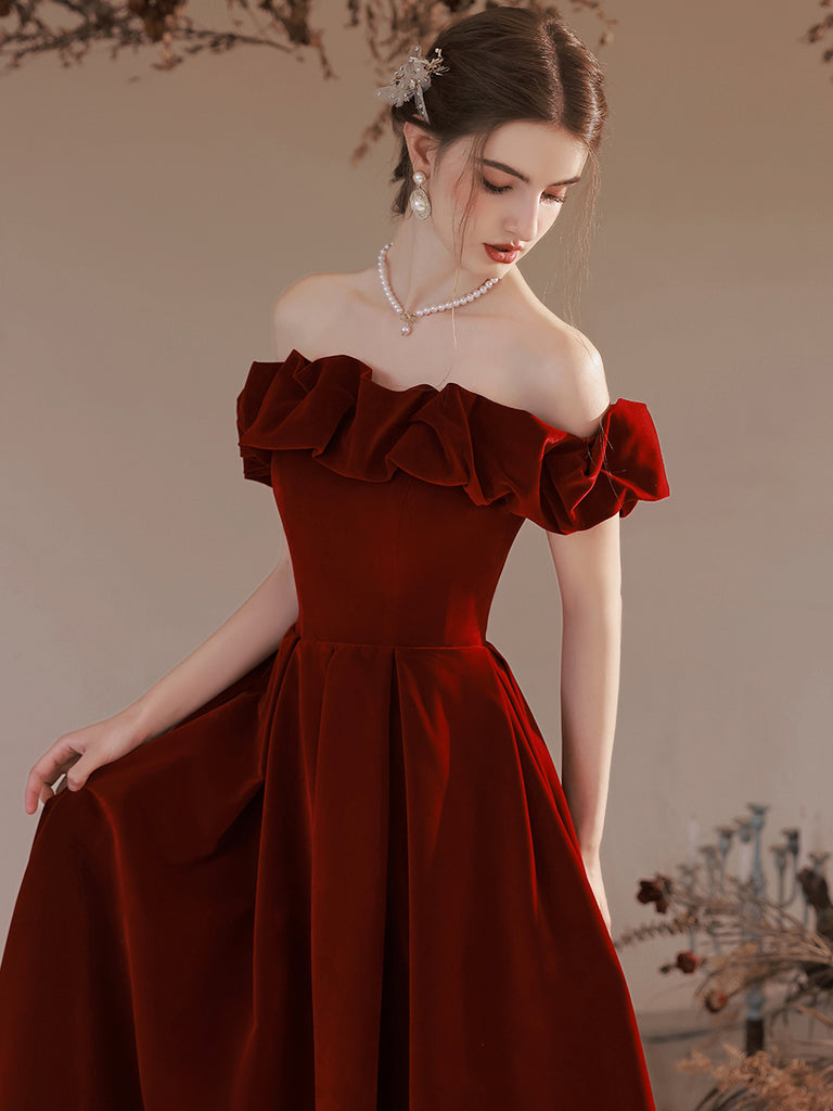 Off Shoulder Simple Velvet Long Evening Dress Prom Dress, Dark Red For