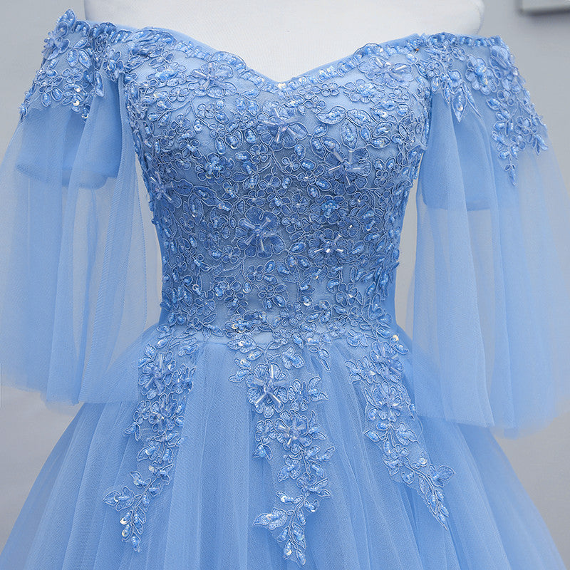 light blue off the shoulder homecoming dress Ella Light Blue Off Shoulder Formal Dress - US 2