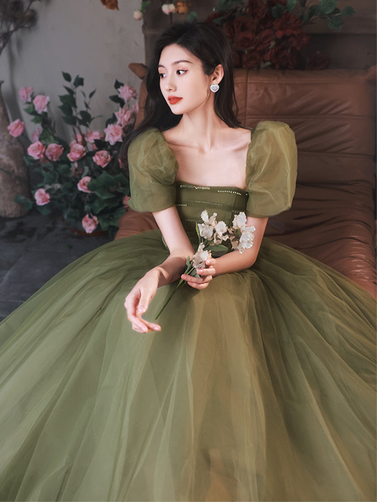 Green Puffy Short Sleeves Tulle Prom Party Dress, Green Evening Dresse Cutedressy Green Puffy Short Sleeves Tulle Prom Party Dress, Green Evening Dresse Cutedressy