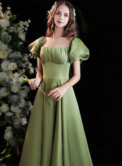 Green Satin Short Sleeves Scoop Neckline Prom Dress, Green Long Formal Dress