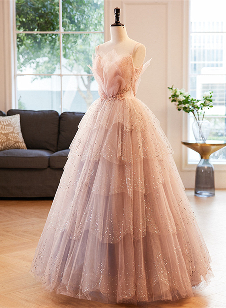 Glam Pink Tulle Straps Beaded Long Party Dress, A-line Pink Formal Dress