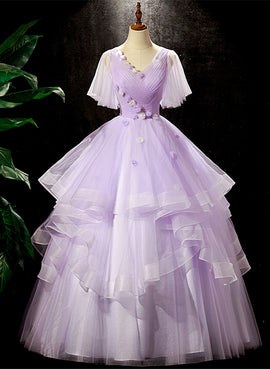 Light Purple Tulle with Flowers Cute Long Party Dress, Purple Sweet 16 Dress