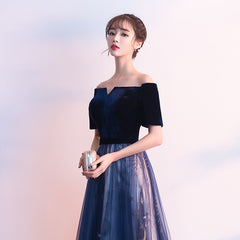 Navy Blue Short Sleeves Velvet and Tulle Party Dress, A-line Formal Gown, Prom Dress