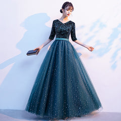 Green Sequins and Tulle Short Sleeves Long Bridesmaid Dress, Green A-line Wedding Party Dress