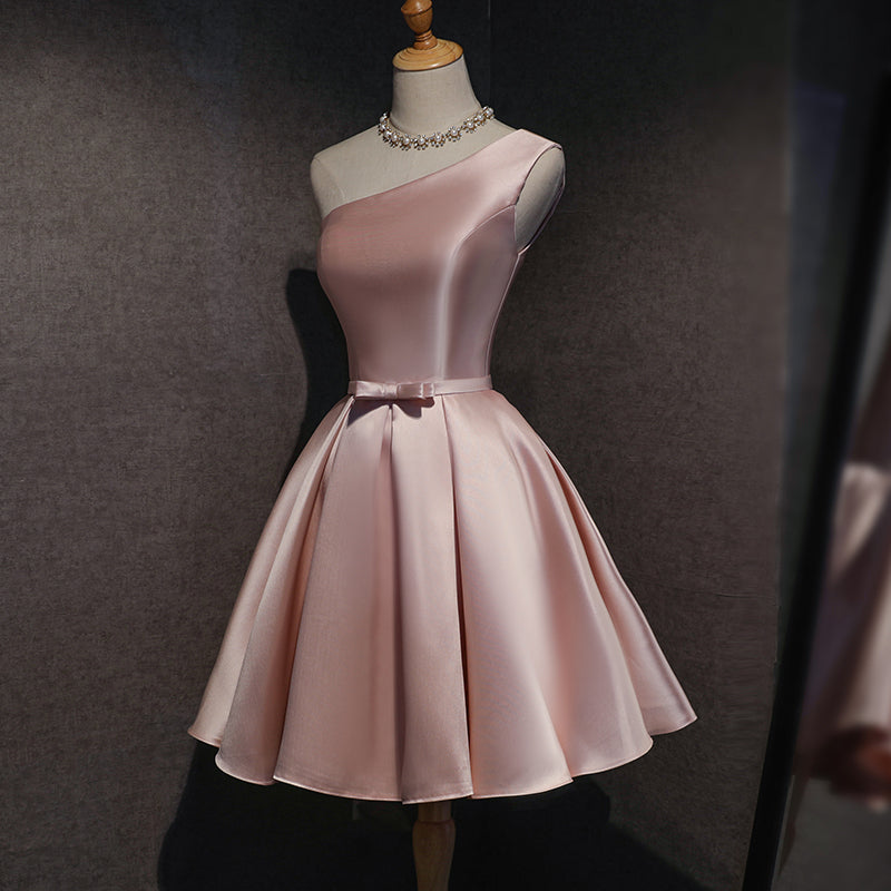 Pink Satin One Shoulder Homecoming Dress, Knee Length Prom Dress