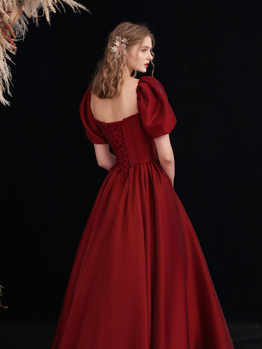Wine Red Satin Long Prom Dress, A-line Off Shoulder Formal Dress