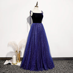 Beautiful Blue Velvet Straps Tulle Long Formal Dress, Blue Bridesmaid Dress Evening Dresses