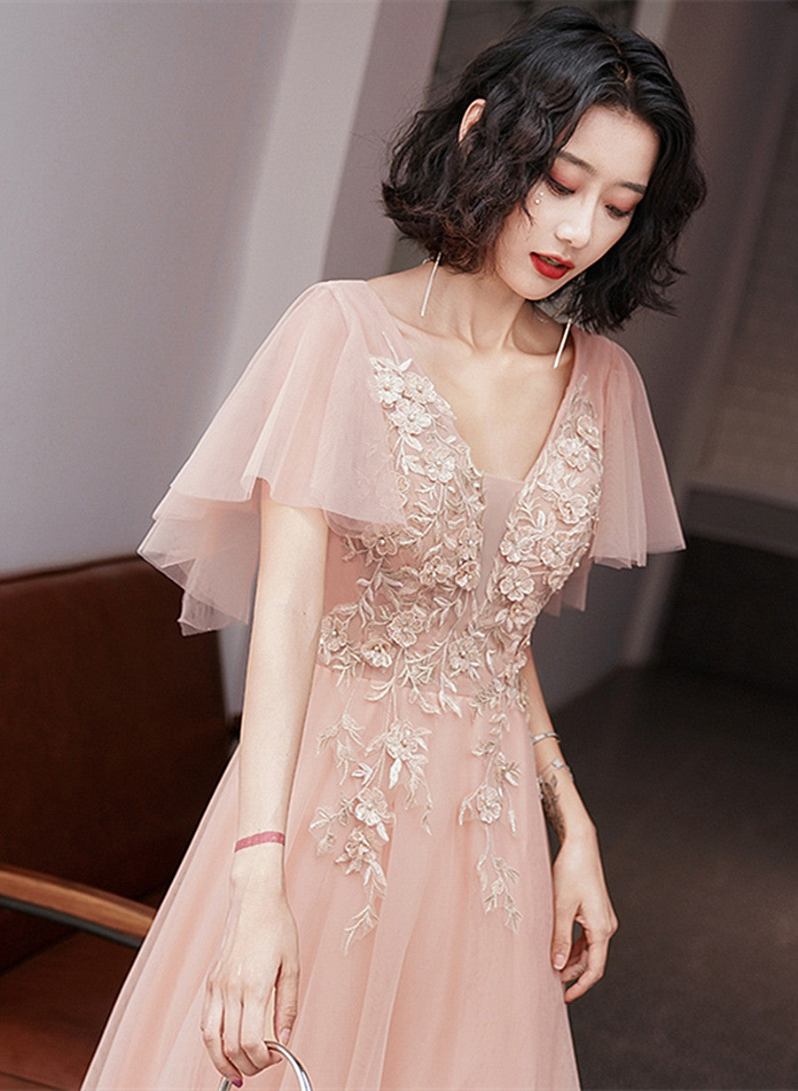 Pink V-neckline Tulle with Lace Applique Long Prom Dress, Pink A-line Party Dress
