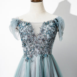 Green Tulle Lace Applique Off Shoulder Party Dress, A-line Long Formal Dress