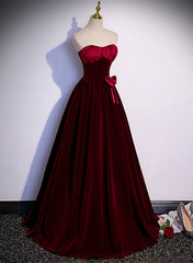 Wine Red Sweetheart Velvet Long Party Dress, A-line Wine Red Prom Dress