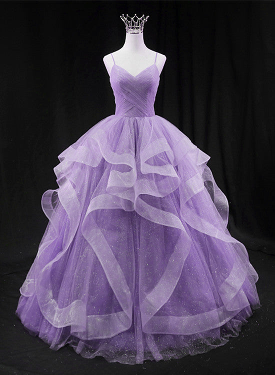 Cute Light Purple Tulle Long Layers Straps Party Dress, Sweet 16 Formal Gown