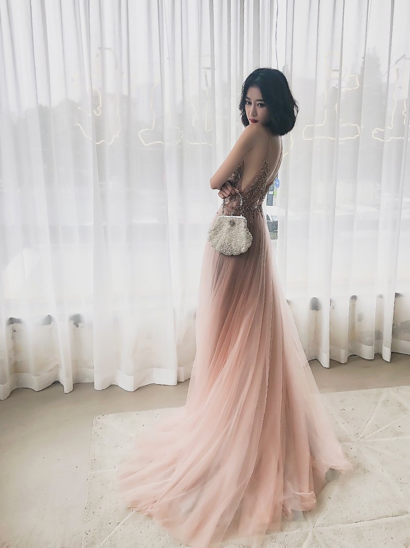 Pink A-line Beaded Tulle High Slit Straps Formal Dress, Pink Tulle Party Dress Prom Dress