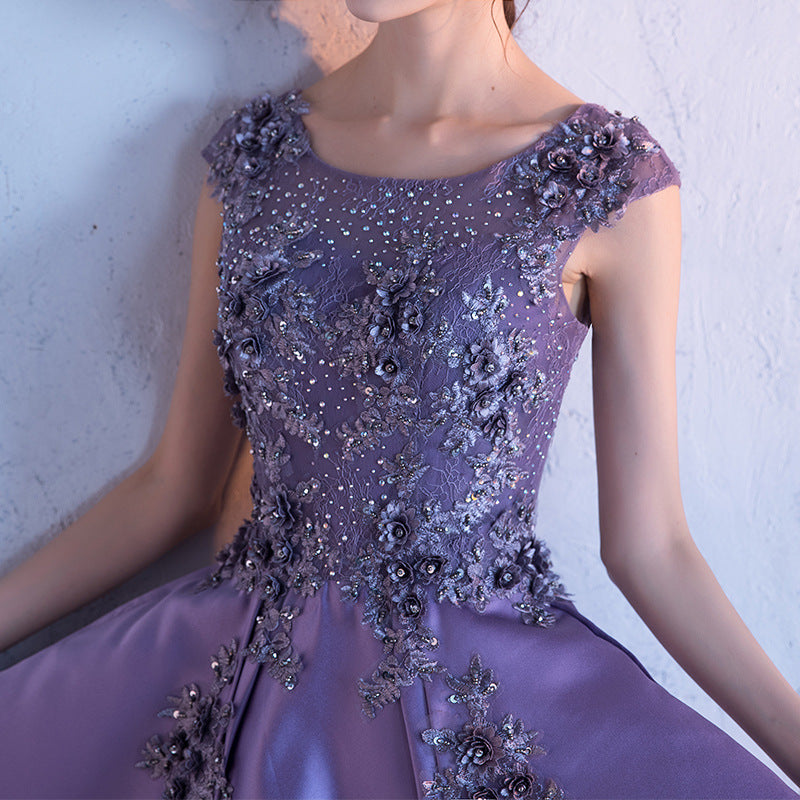 Cute Dark Purple Knee Length Satin Bridesmaid Dress, Lace Floral Party Cutedressy Cute Dark Purple Knee Length Satin Bridesmaid Dress, Lace Floral Party Cutedressy