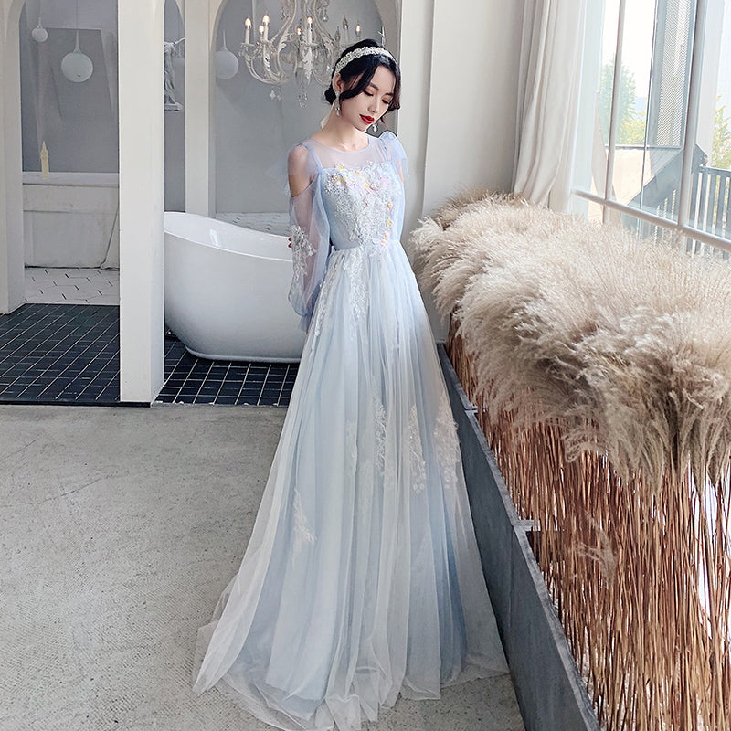 Blue Tulle with Lace Long Sleeves Floor Length Party Dress,A-line Tulle Evening Gown