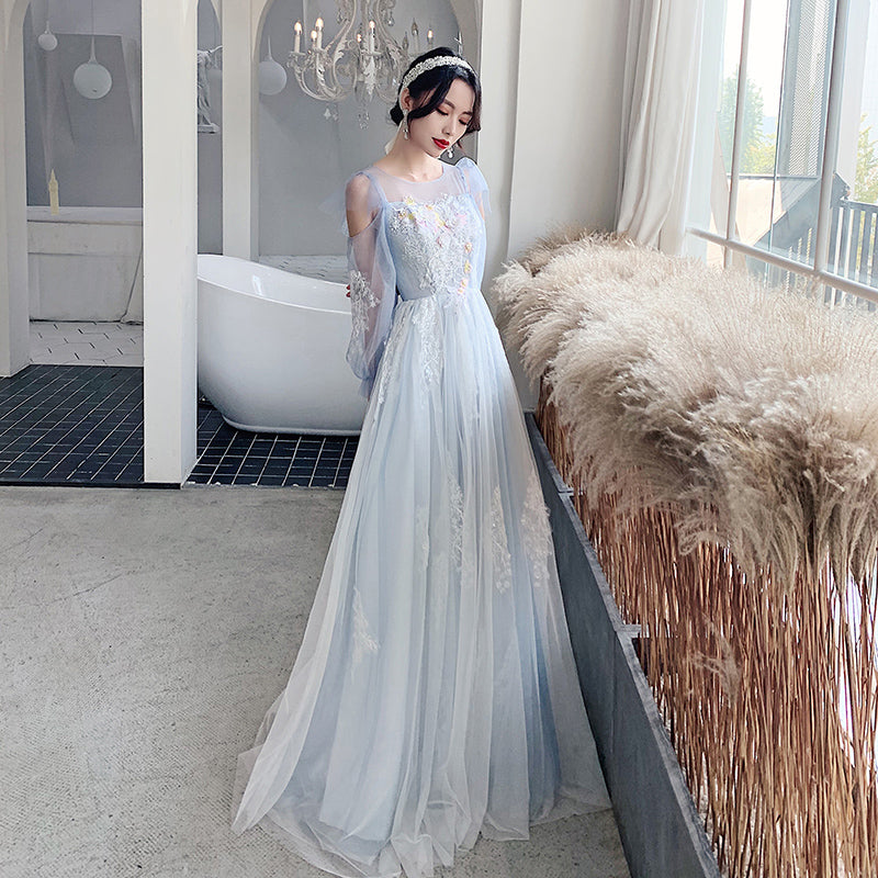 A-Line Pleated Tulle Floor-Length Dress Ocean Blue